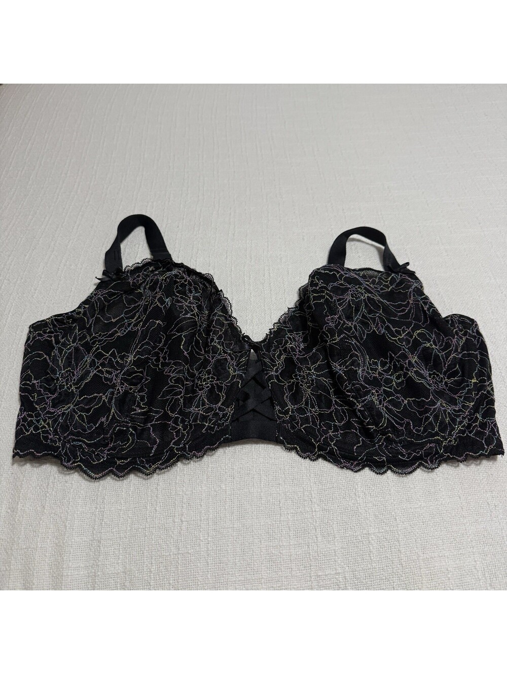 Cacique 42G Unlined Balconette Bra Black Lace / Mesh Underwire Multi Color